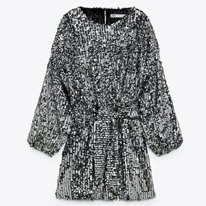 Zara Sequin long sleeve belted Mini Dress Silver size small Bloggers favorite